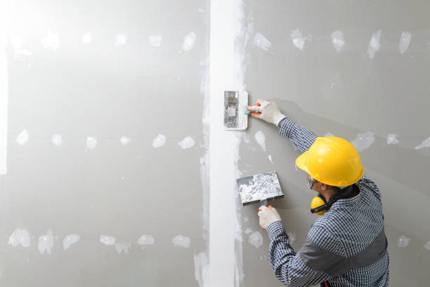 S5 interior decoration construction furniture builtin.Plasterer in working uniform plastering the wall indoors.